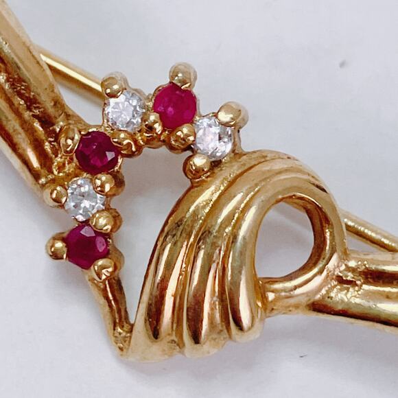 Vintage Heart Ribbon Pin JC Signed Mid Century Gold Filled Bar Brooch Red Ruby - Picture 6 of 12
